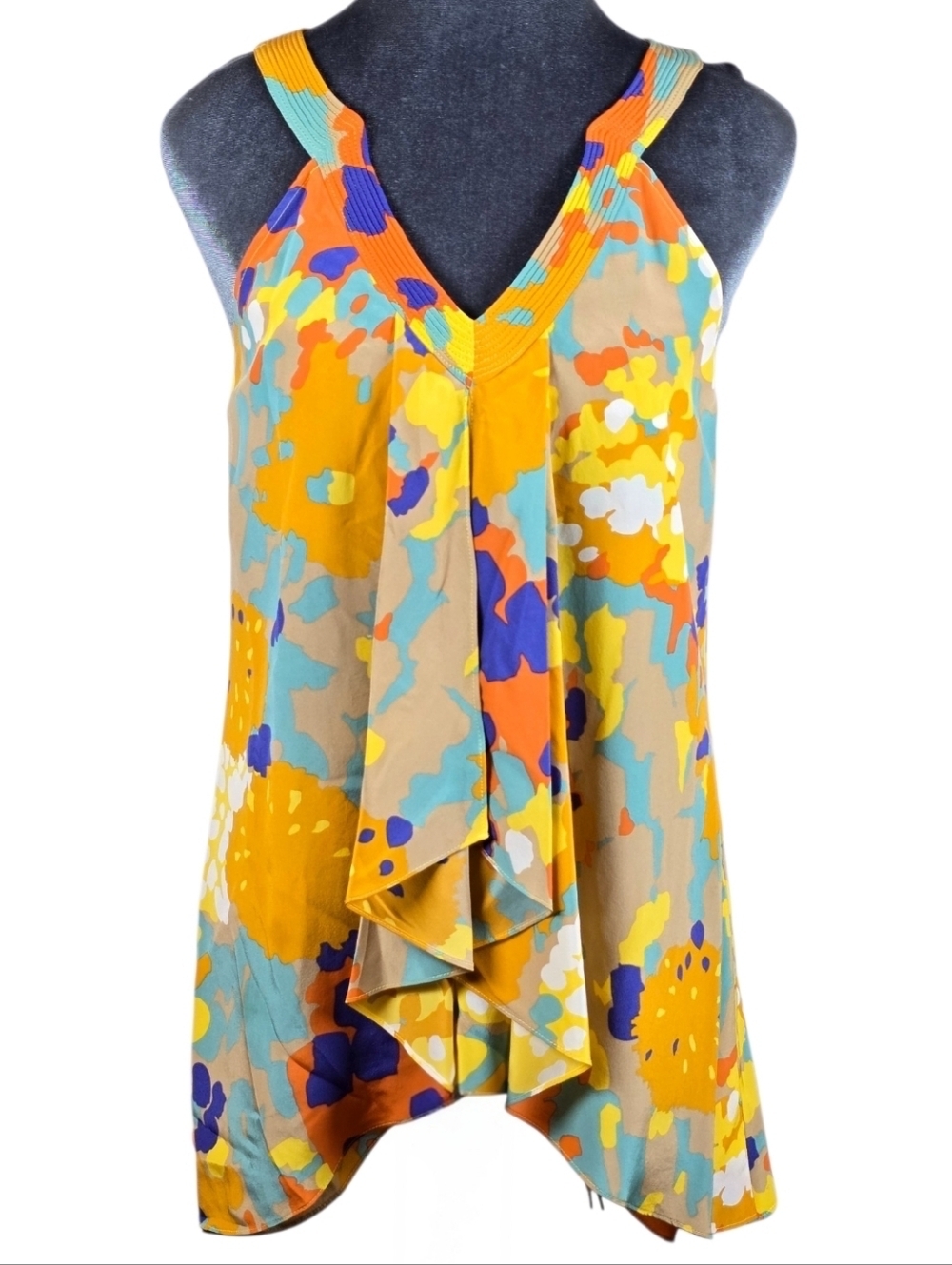 Diane von Furstenberg 100%Silk Floral V-Neck Handkerchief Hem Ruffle Top Sz. 2
